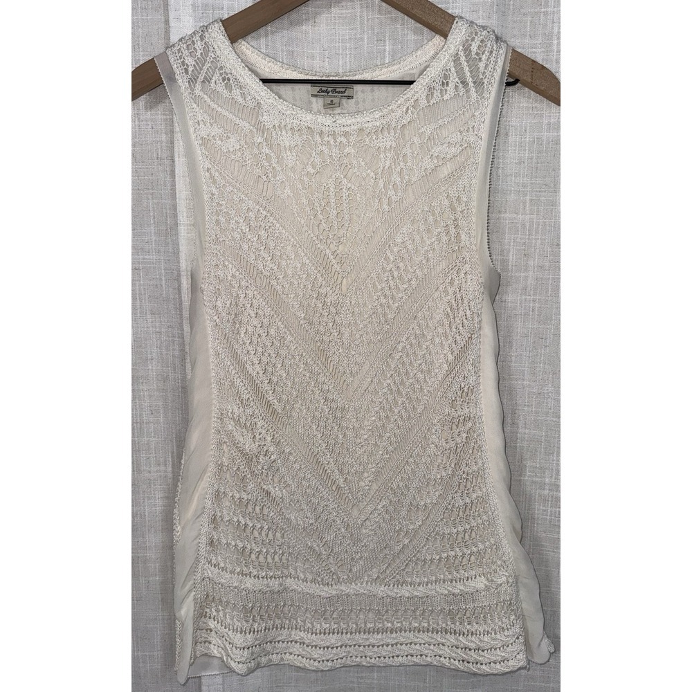 Lucky Brand Crochet Blouse Top Women's S Cream Boho Coastal Sleeveless Shirt